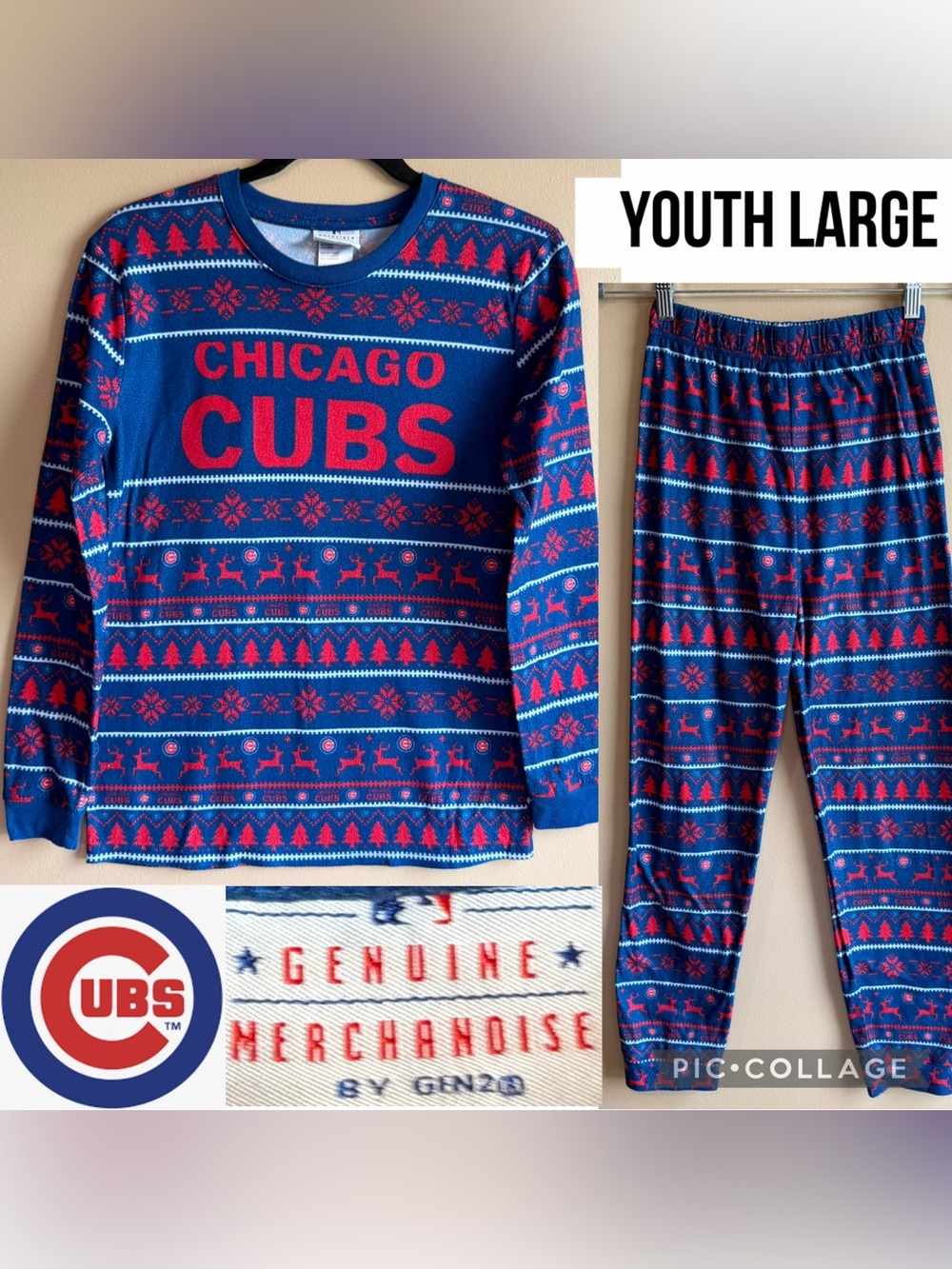 Chicago Cubs Youth Fleece Pajama Set Holiday Long Sleeve Snowflake Christmas L
